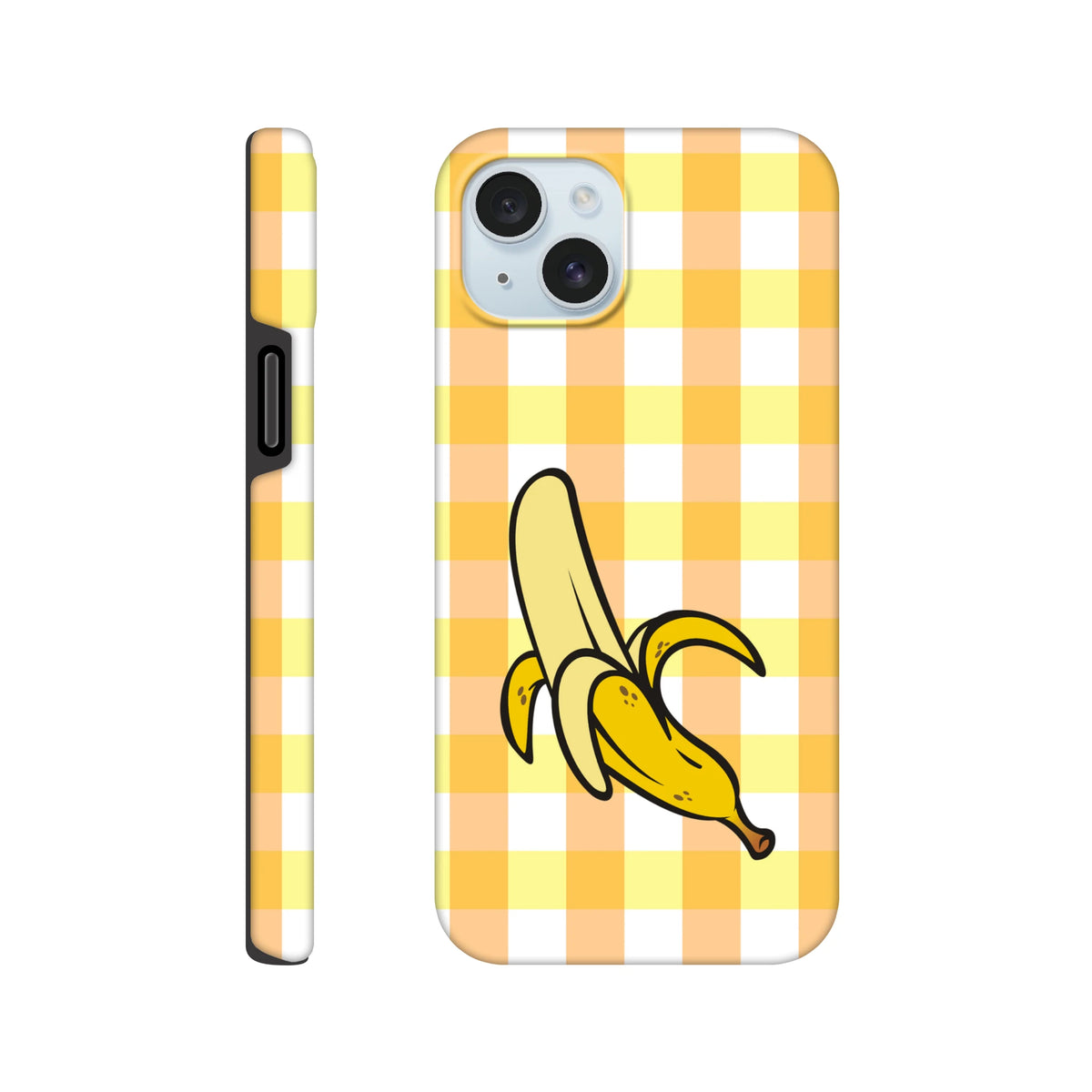 Yellow gingham iPhone case featuring a cute cartoon peeled banana on the back, offering tough protection and a checkered street style.