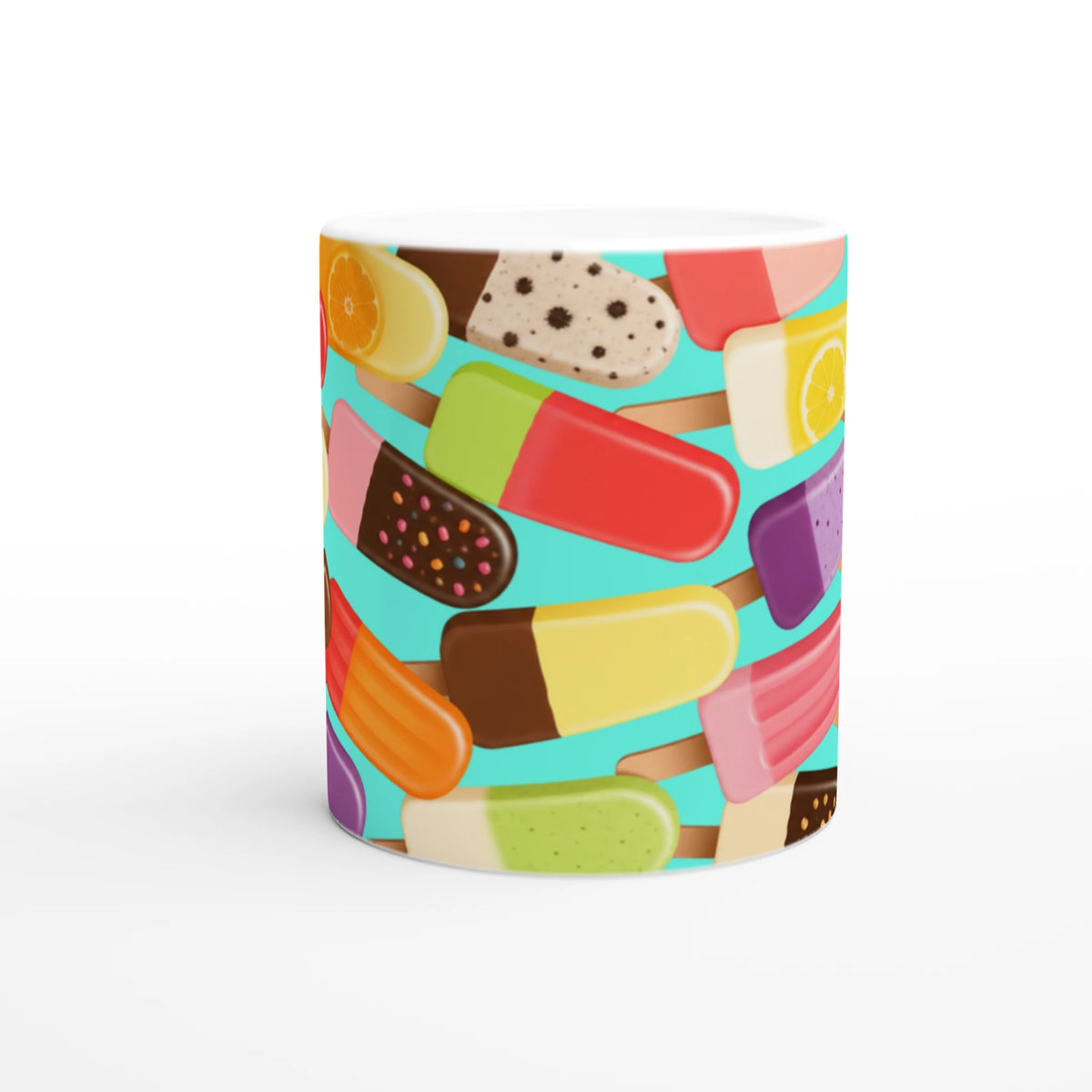 Retro ceramic mug featuring a vibrant pattern of assorted colorful popsicles on a teal background. Perfect coffee cup for summer.