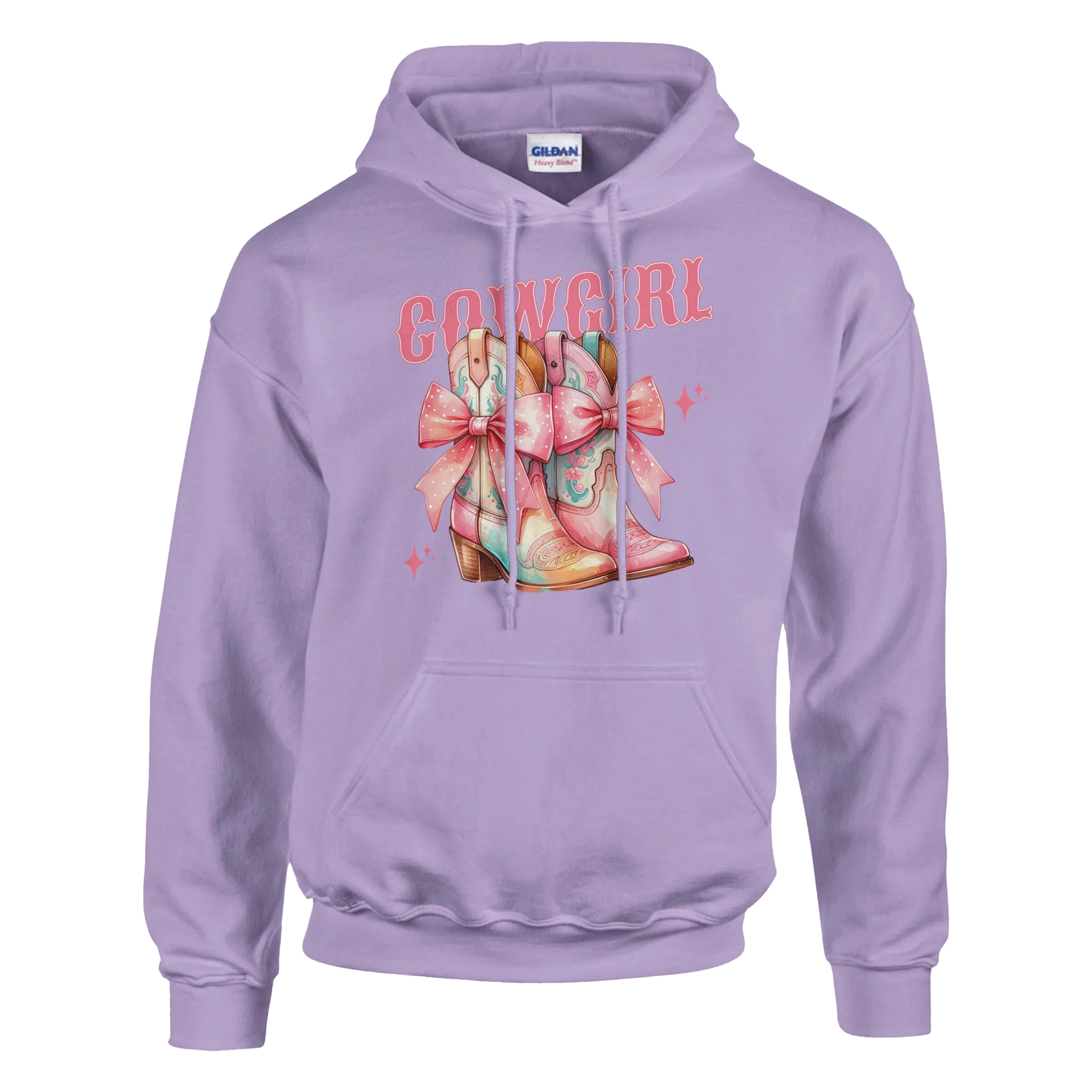Pastel lavender Women's Cute Cowgirl Hoodie with colorful cowboy boot graphic cozy 50/50 cotton-polyester pouch pocket.