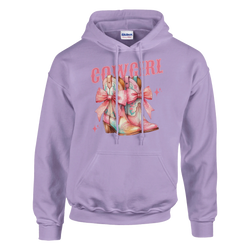 Pastel lavender Women's Cute Cowgirl Hoodie with colorful cowboy boot graphic cozy 50/50 cotton-polyester pouch pocket.