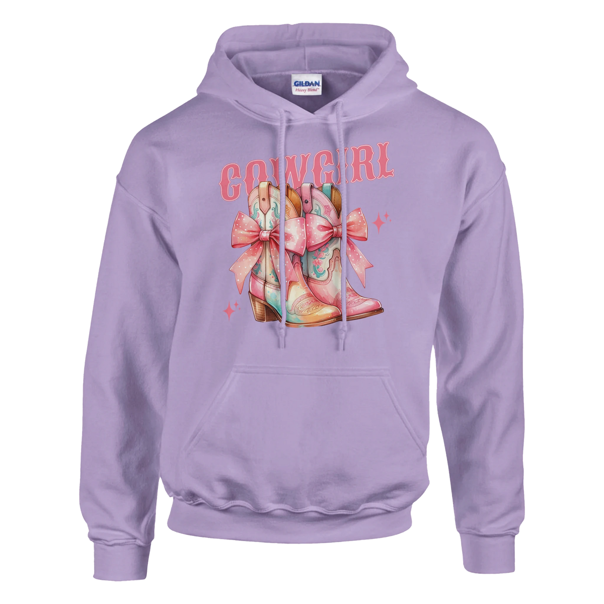 Pastel lavender Women's Cute Cowgirl Hoodie with colorful cowboy boot graphic cozy 50/50 cotton-polyester pouch pocket.