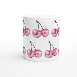 Glitter Ball Cherries mug with pink disco-ball cherries print on glossy white ceramic