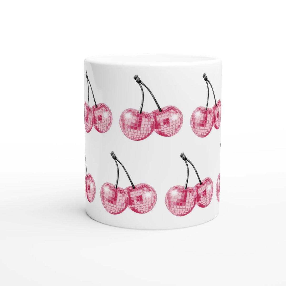 Glitter Ball Cherries mug with pink disco-ball cherries print on glossy white ceramic