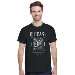 Outcast men's graphic T-shirt in black with white gothic print featuring a winged figure.