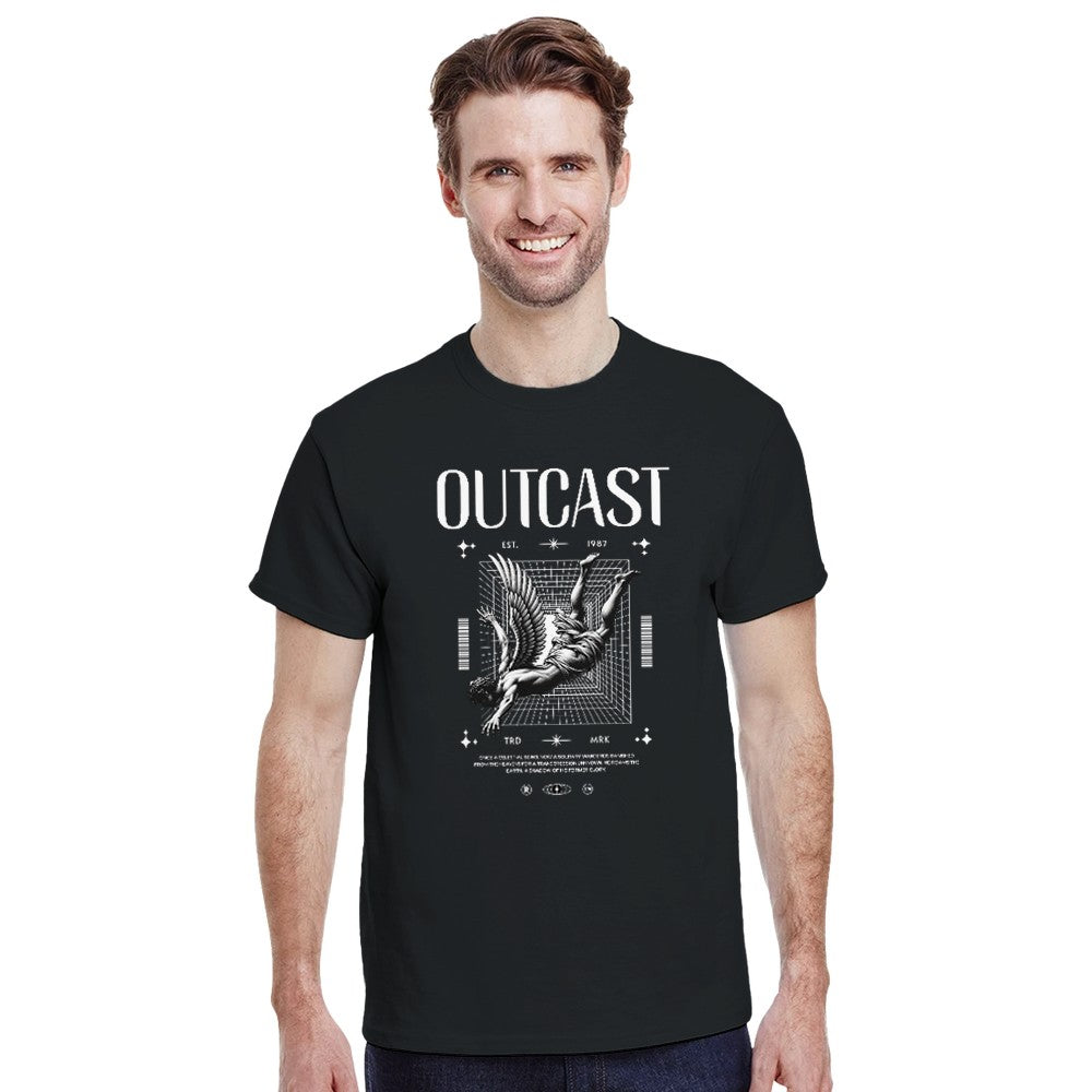 Outcast men's graphic T-shirt in black with white gothic print featuring a winged figure.