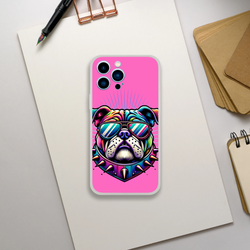 Y2K Bulldog iPhone Case in pink with a stylized bulldog wearing sunglasses and spikes, retro dog aesthetic.