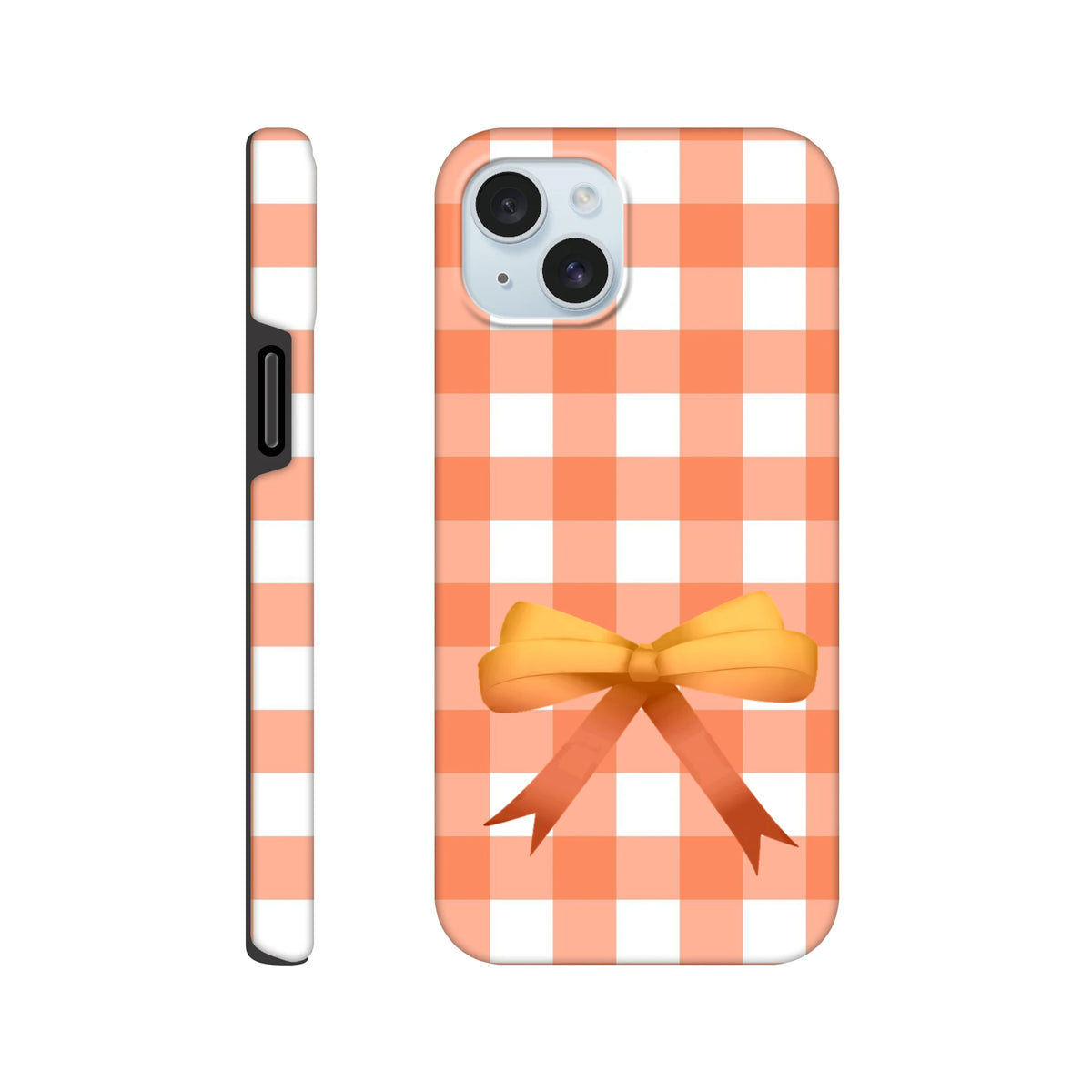 Orange gingham iPhone case with a cute yellow bow. Tough coquette phone cover featuring a bold check pattern and impact-resistant shielding.