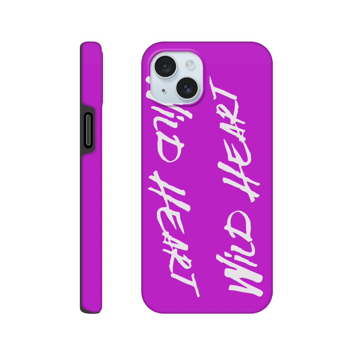 Purple tough iPhone case with vertical white Wild Heart slogan print, offering shock-absorbing protection and streetwear style for iPhone 13-16.