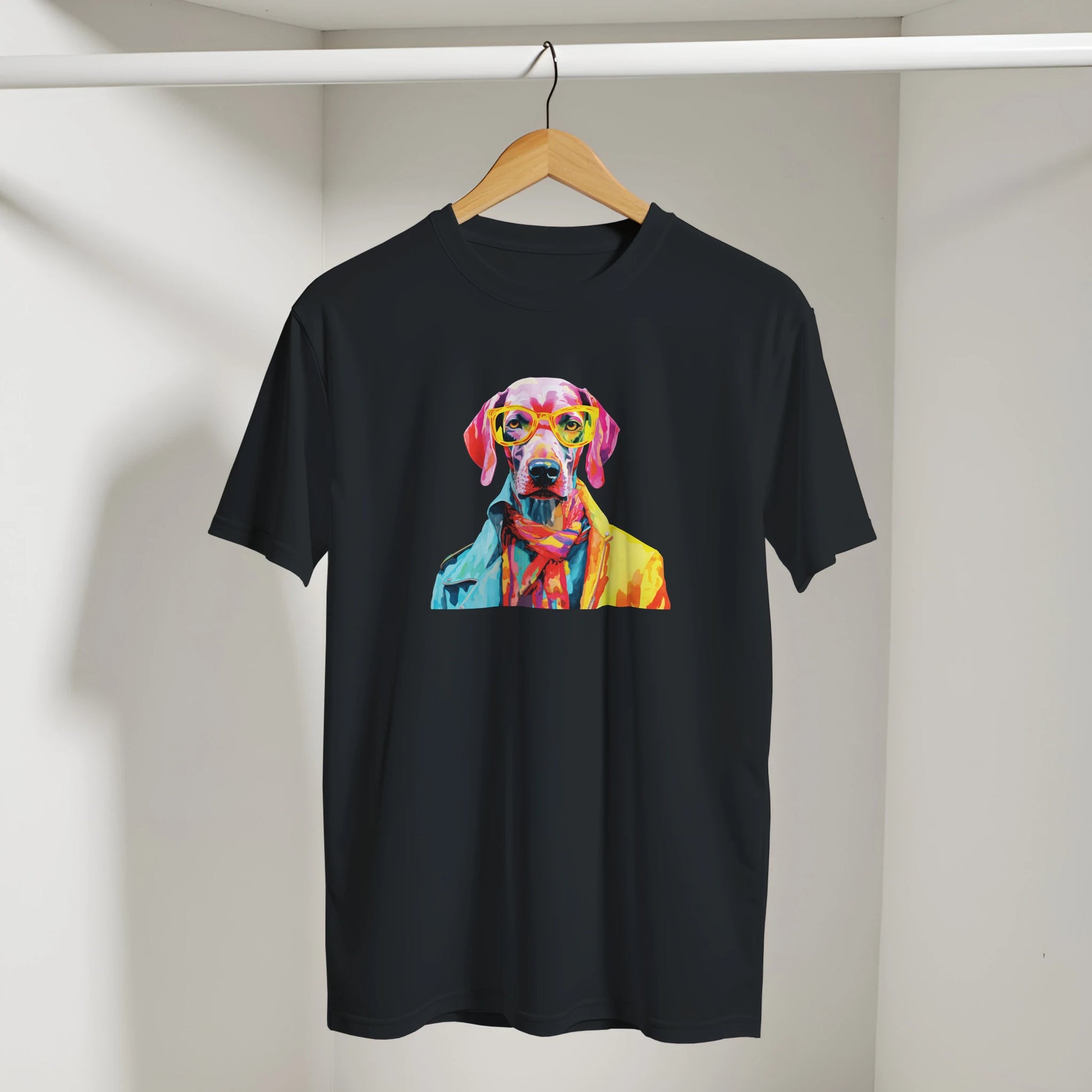 Black cotton-blend men's graphic tee with a vibrant multicolor dog wearing yellow sunglasses