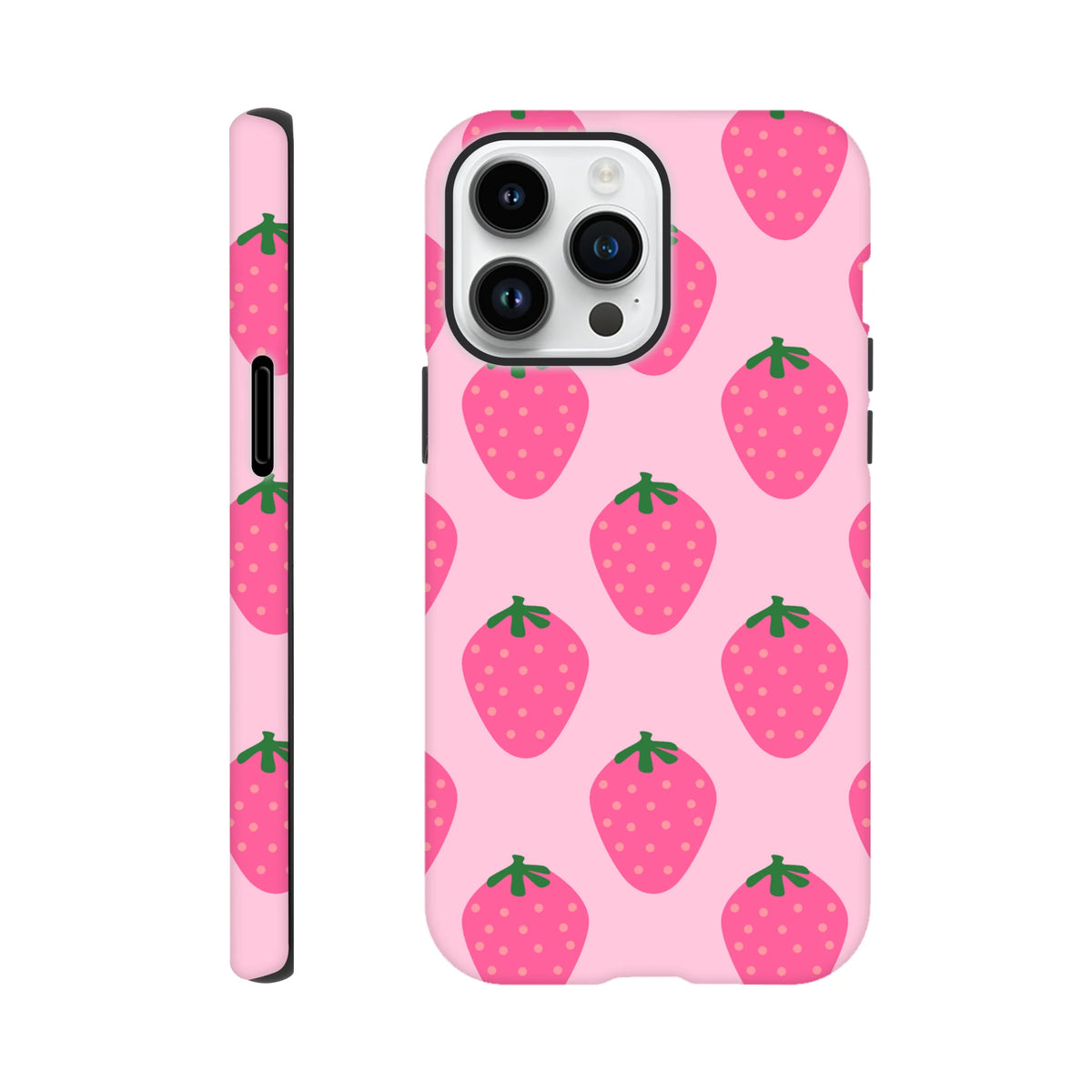 Pink iPhone case featuring a cute repeating strawberry pattern on a light pink background with tough protective edges.