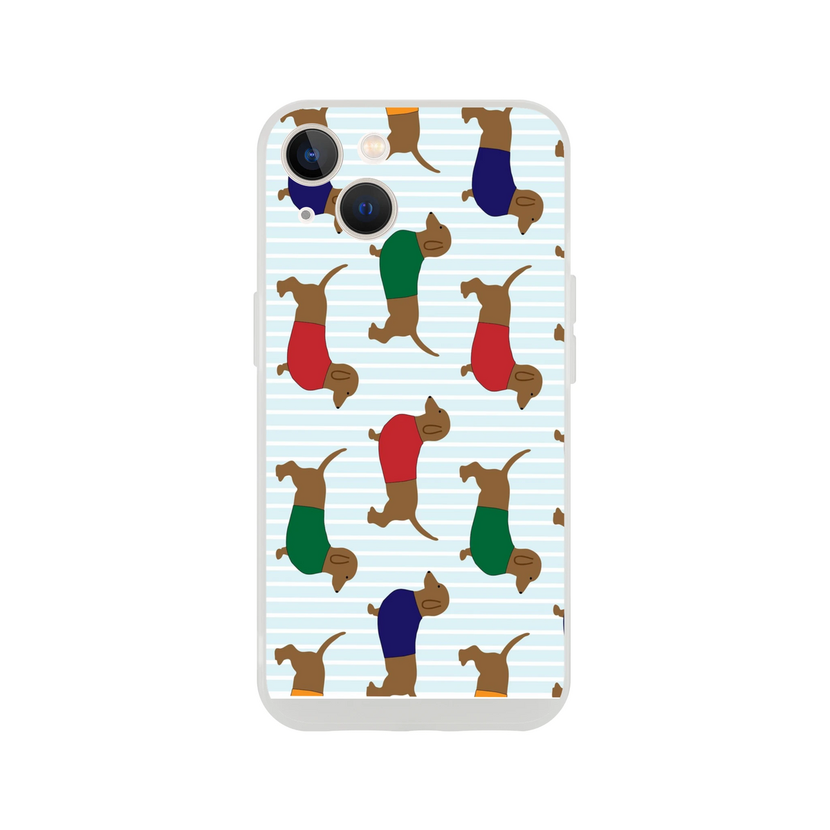 Cute dachshund pattern iPhone case for 13-16, slim matte shell with repeating sausage dogs on blue stripes.