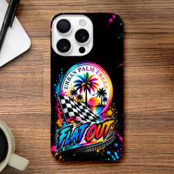 Black iPhone case featuring colorful "Urban Palm Trees" sunset design, checkered flag, and "Flat Out" text with paint splatters.