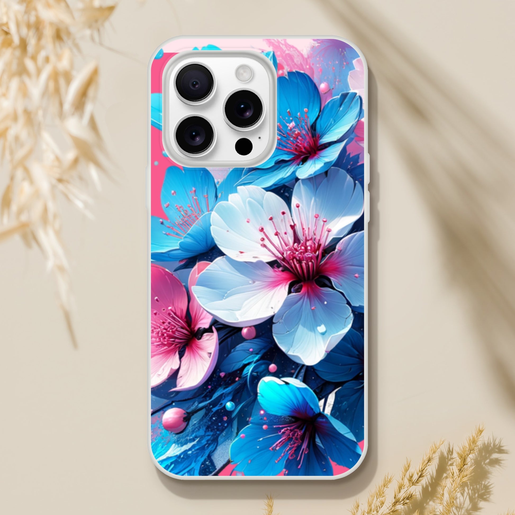 iPhone case with blue and pink floral design on a light background 22