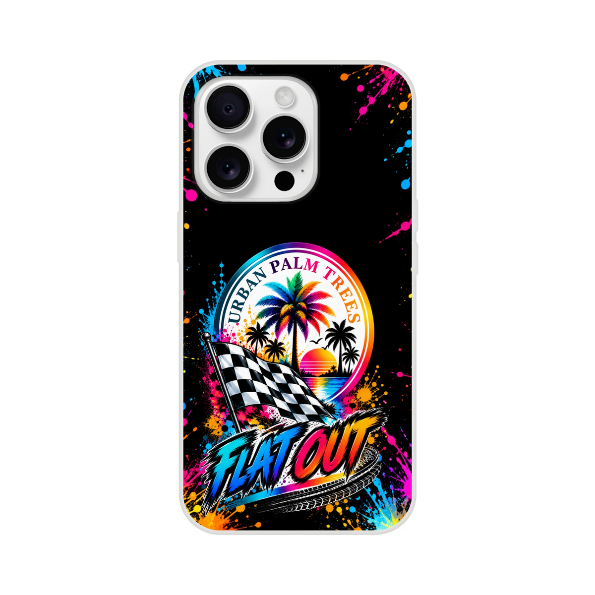 Flat Out car culture iPhone case with checkered flag, palm trees, and colorful paint splatters on a black background.