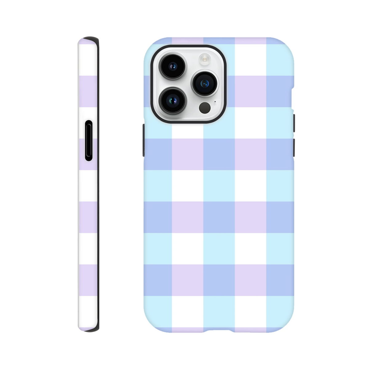 Pastel blue and lavender gingham tough iPhone case with cute checkered pattern and shock-absorbing protection for daily use.