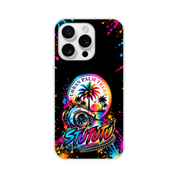 Turbo car culture iPhone case featuring colorful palm trees, a turbocharger, and neon splatter art on a black background.