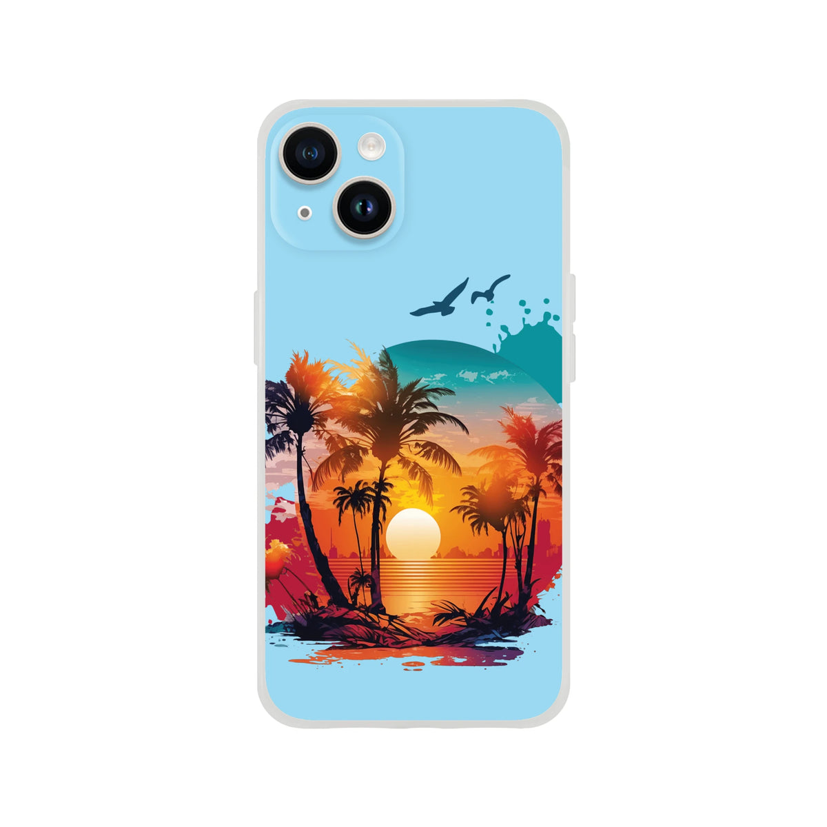Cute Sunset iPhone Case for 13-16 with palm trees at sunset on a tropical beach.