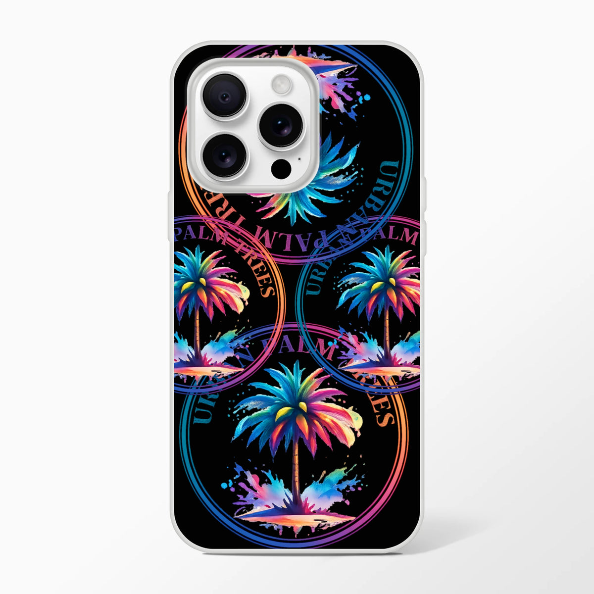 Urban Palm Trees iPhone Case (13-16) with matte finish and retro palm-inspired design, slim protective TPU.