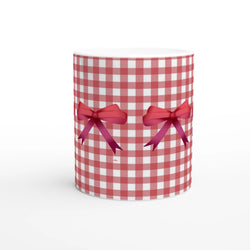 Red gingham bow mug with pink ribbons, a Cute Coquette coffee cup.