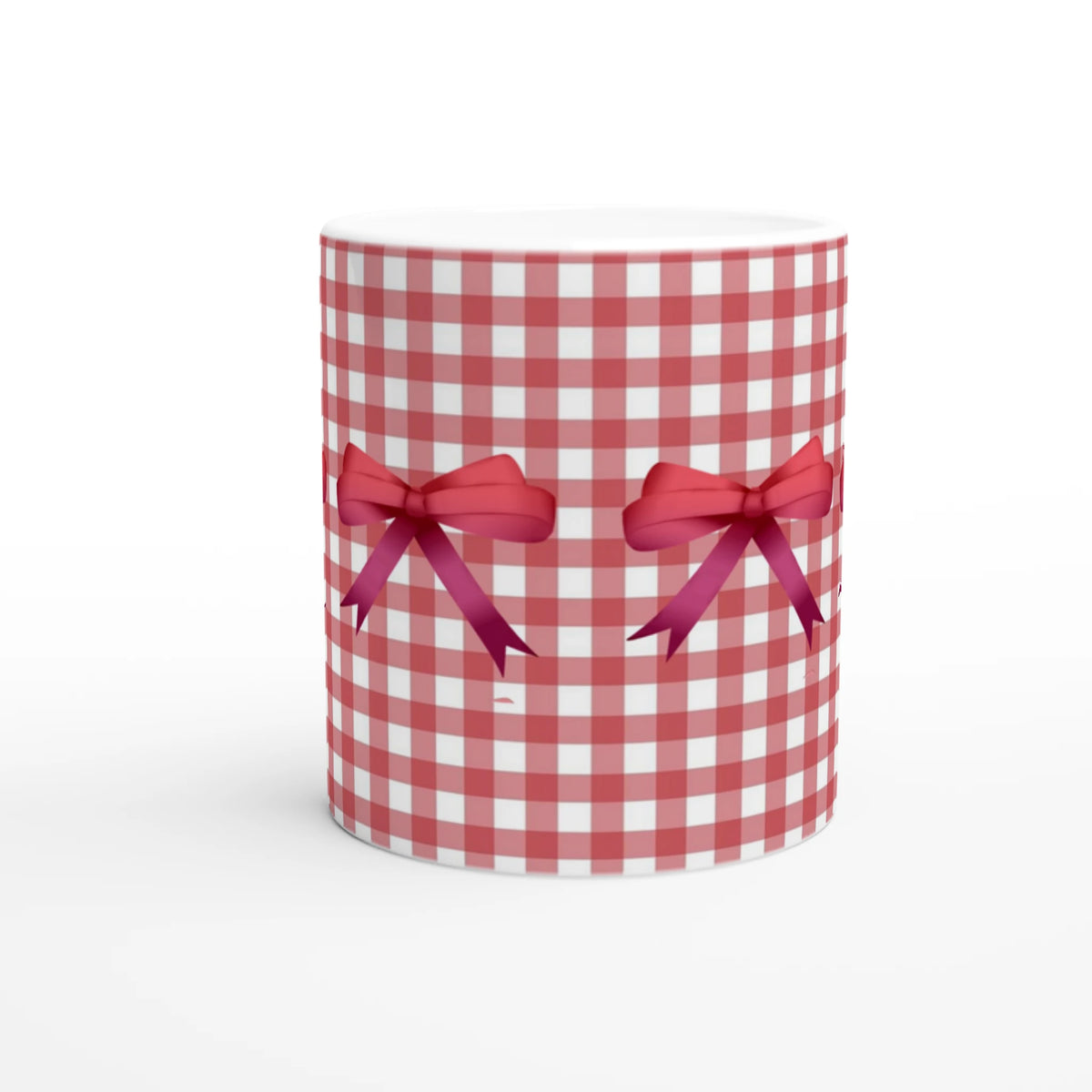 Red gingham bow mug with pink ribbons, a Cute Coquette coffee cup.