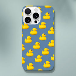 Blue kawaii phone case featuring a pattern of cute yellow rubber ducks for iPhone 13-16 tough protection.