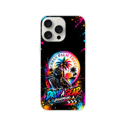 Drop A Gear iPhone case featuring manual shift knob, palm trees, and colorful paint splatter on black background for petrolheads.