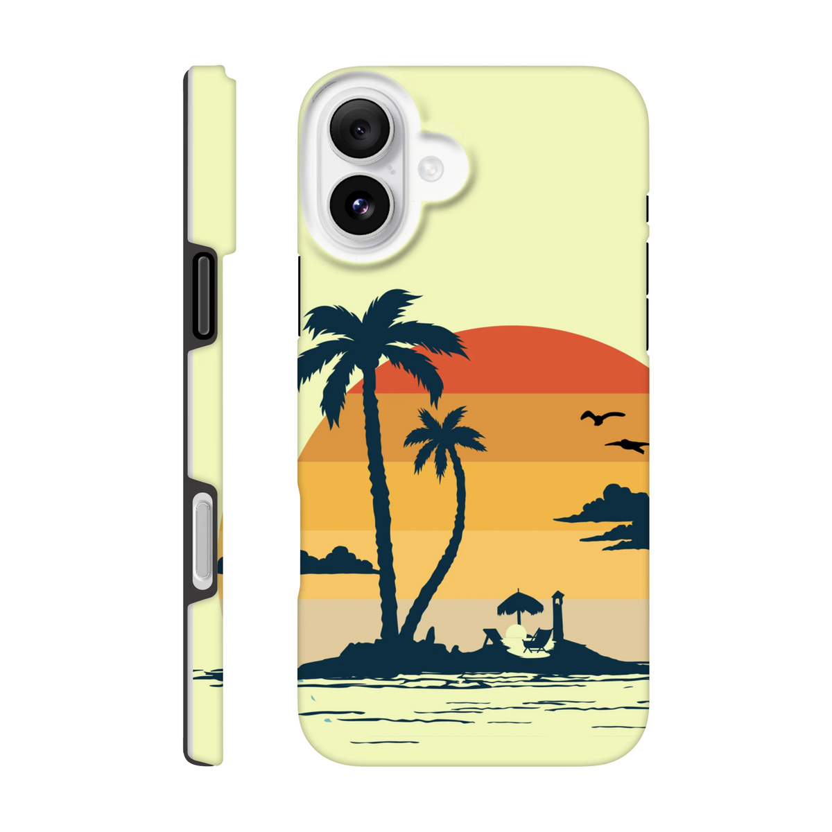 Retro Tropical Sunset Palm Tree Tough iPhone Case (13-16) with wraparound palm design and drop protection