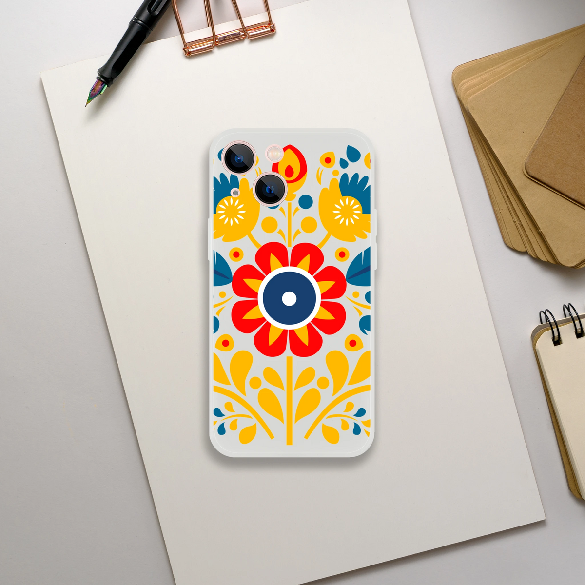 Floral phone case slim protective cover for iPhone 13–16 with frosty transparent finish and bright multicolor flowers.