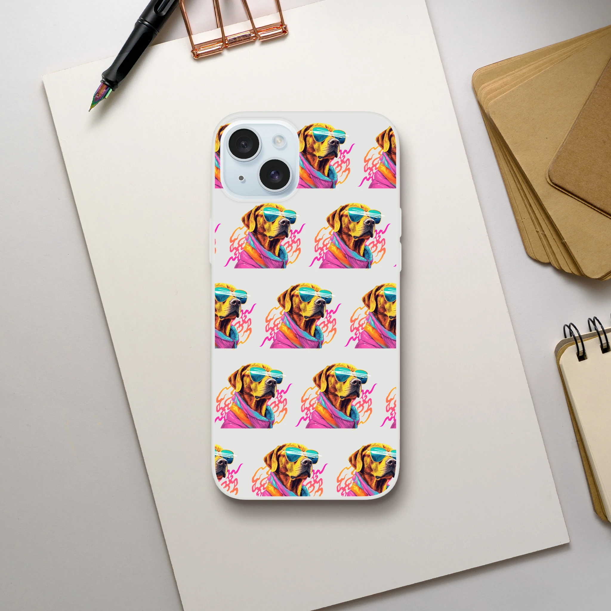 Slim transparent case for iPhone 13-16 featuring a neon dog with sunglasses in a repeating pattern.