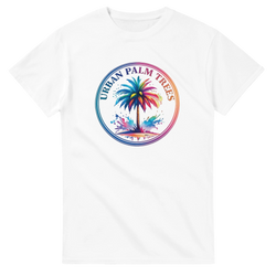 White women's Urban Palm Trees tee with a colorful rainbow-circle palm tree logo.