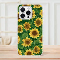 Sunflower print iPhone case for iPhone 13-16 with green leaves and yellow blooms, slim matte finish.