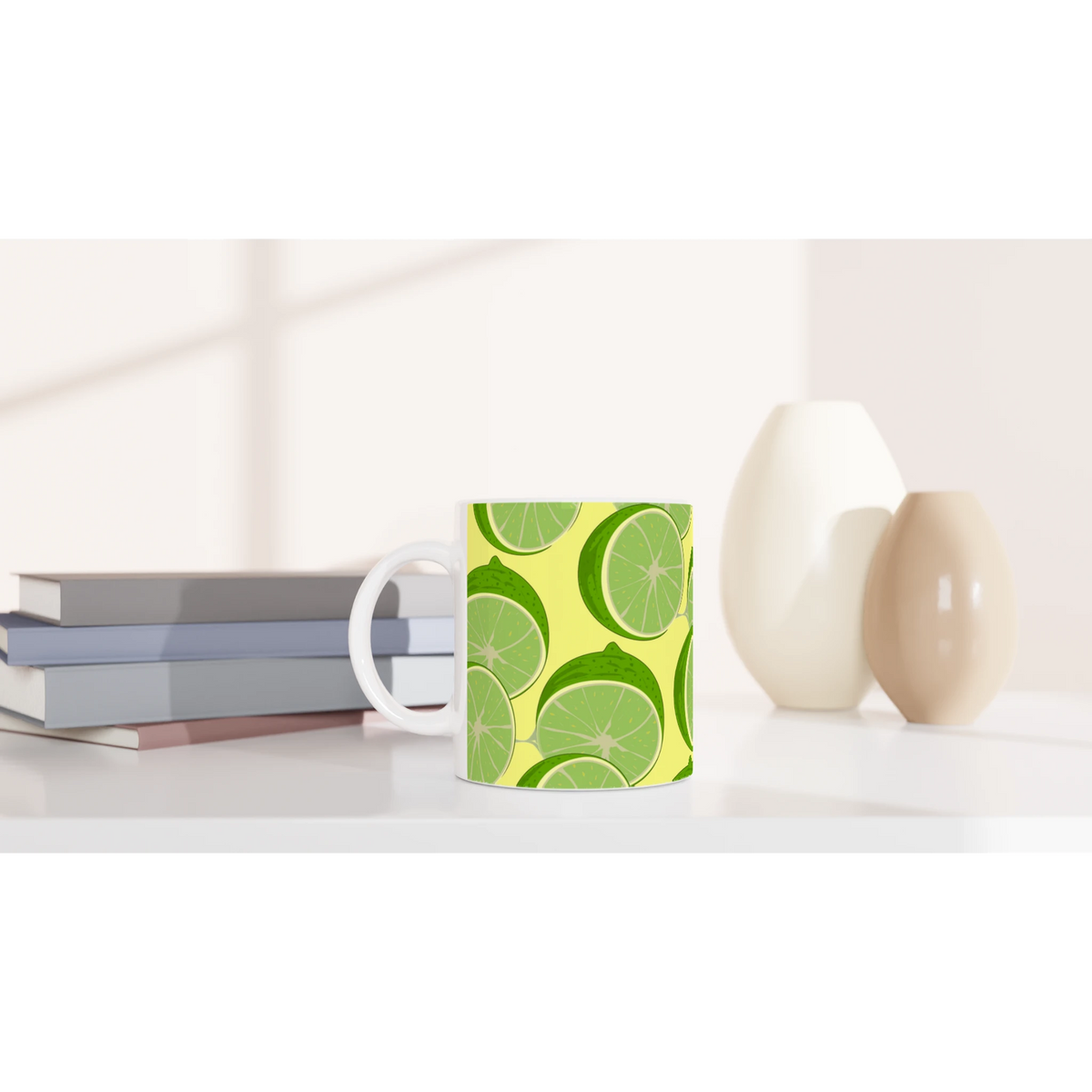 Lime slice pattern ceramic mug for citrus coffee, bright lime design with a comfy grip