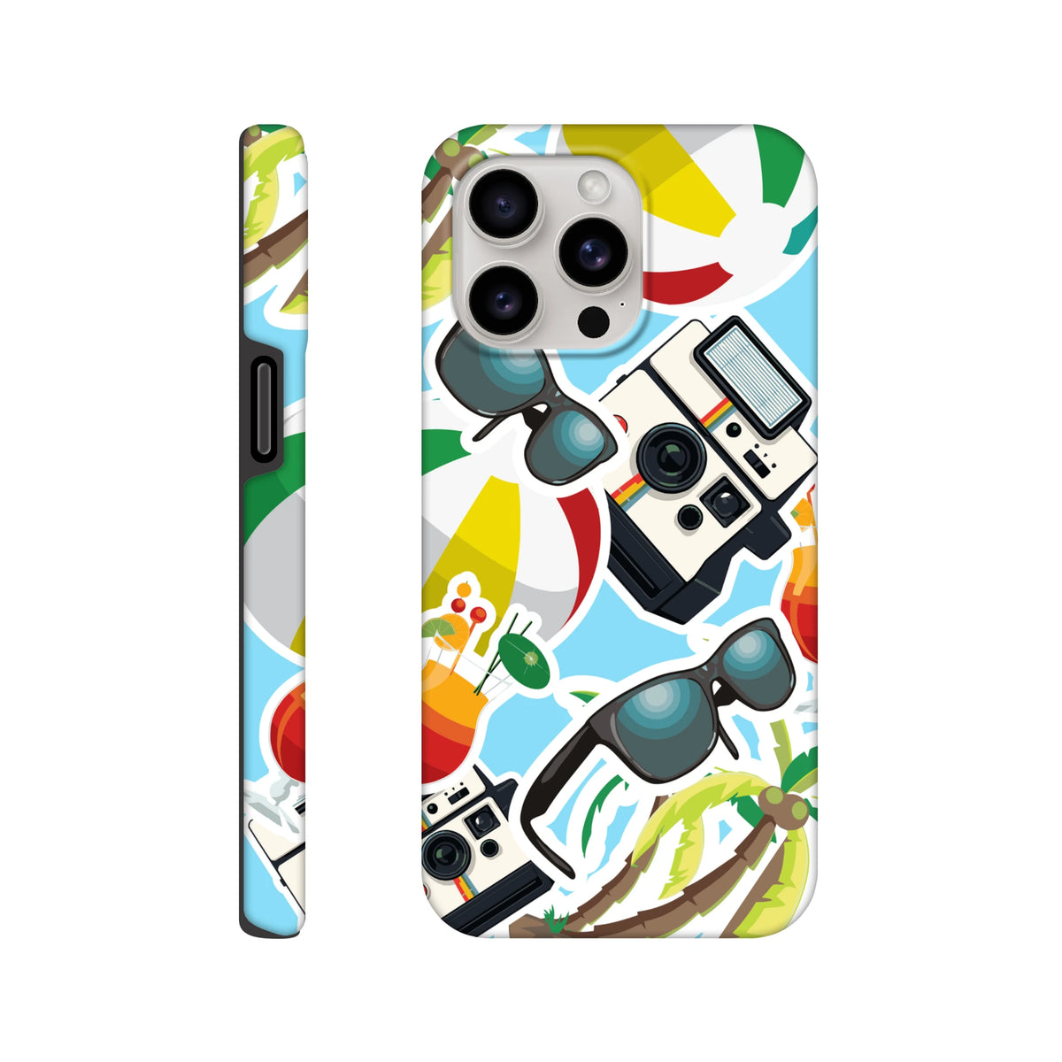 Blue summer sticker effect iPhone case featuring retro camera, sunglasses, palm trees, and colorful tropical graphics.