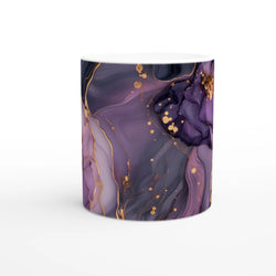 Purple and gold marble mug with abstract agate pattern, luxury ceramic coffee cup.