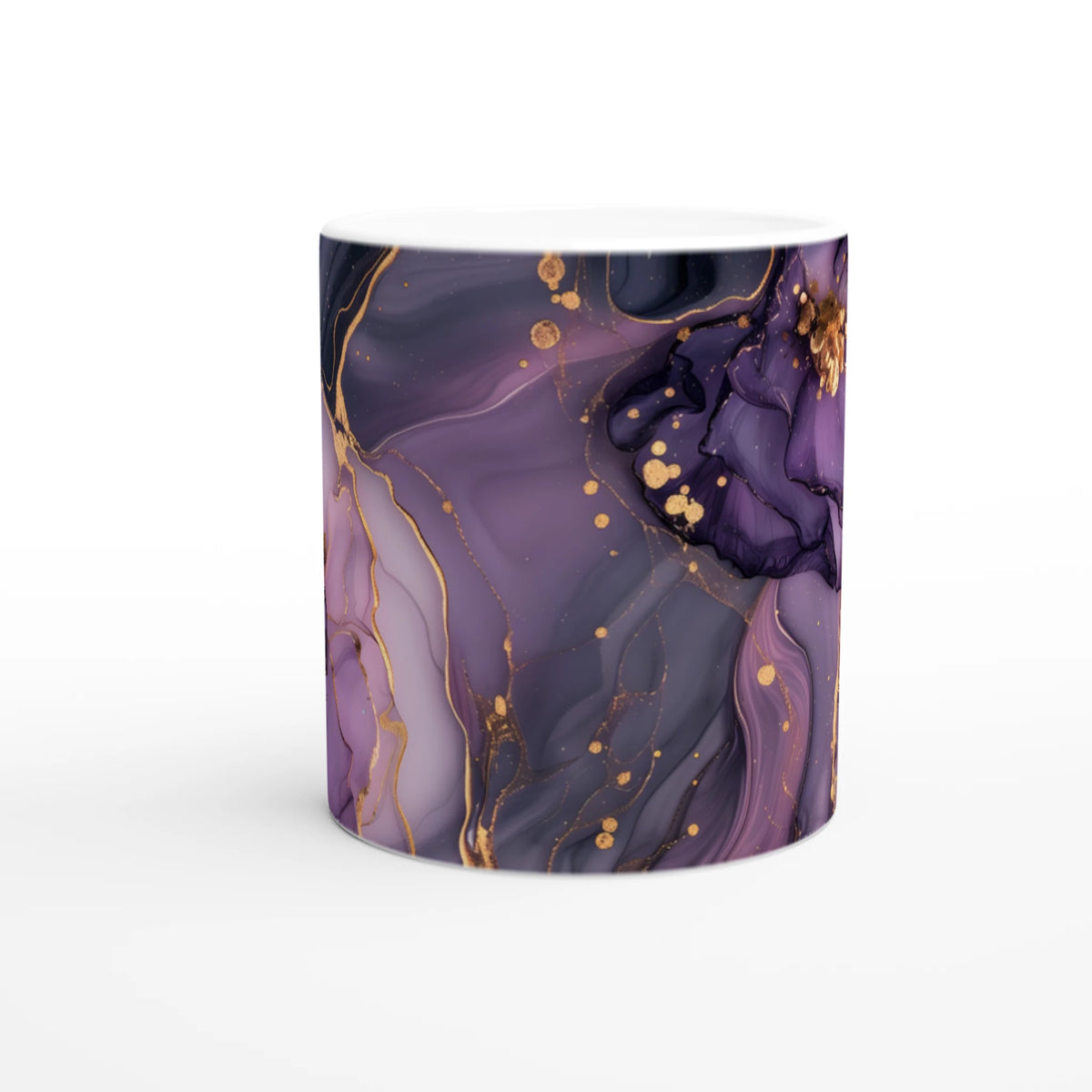 Purple and gold marble mug with abstract agate pattern, luxury ceramic coffee cup.