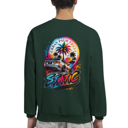 Dark green sweatshirt back with colorful slammed car graphic, palm trees, and static text for petrolheads.