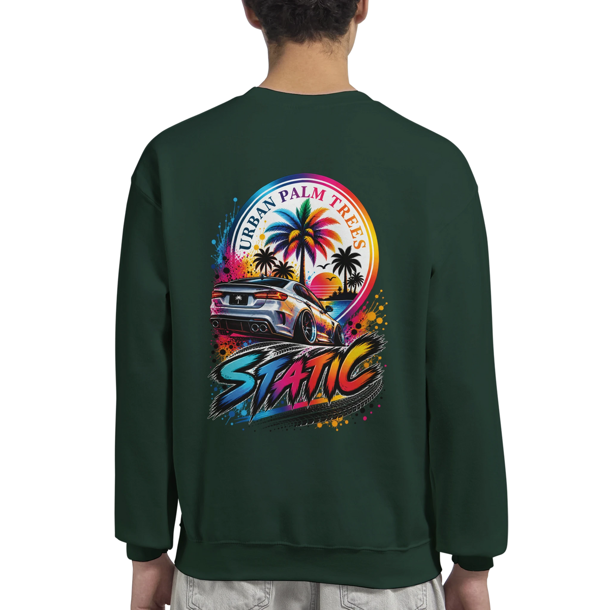 Dark green sweatshirt back with colorful slammed car graphic, palm trees, and static text for petrolheads.
