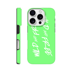 Lime green Y2K aesthetic iPhone case featuring bold white "Wild and Free" graffiti text and a tough shock-absorbing shell.