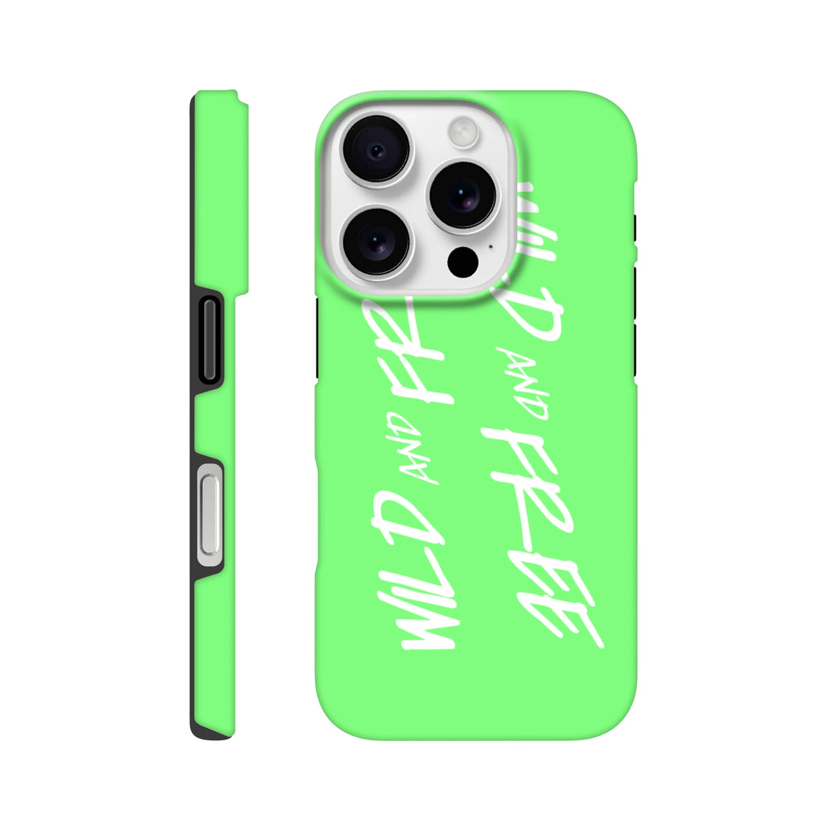 Lime green Y2K aesthetic iPhone case featuring bold white "Wild and Free" graffiti text and a tough shock-absorbing shell.