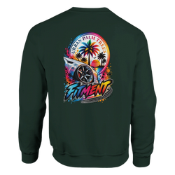 Dark green Fitment Stance car sweatshirt featuring a colorful petrolhead graphic with a custom wheel, palm trees, and Urban Palm Trees sunset design on the back.
