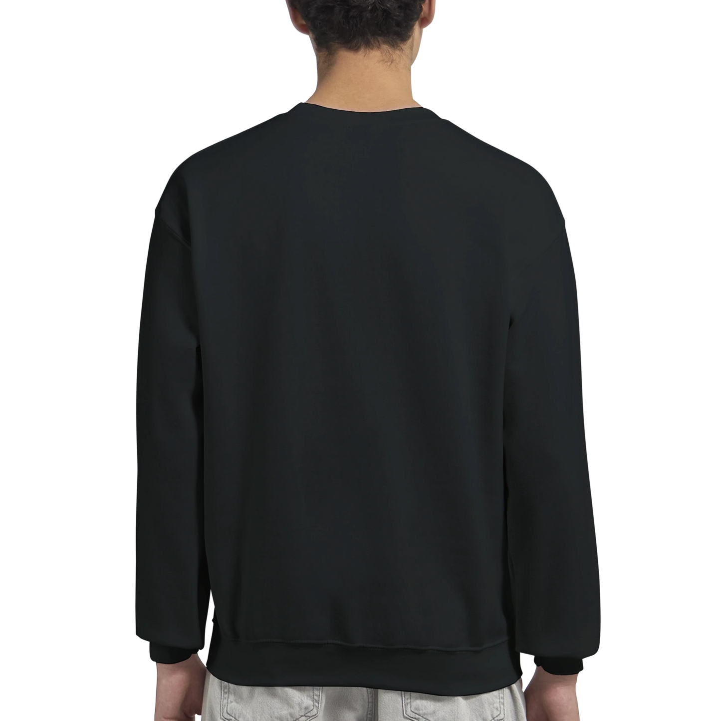 Black men's graphic sweatshirt worn by a person on a white background