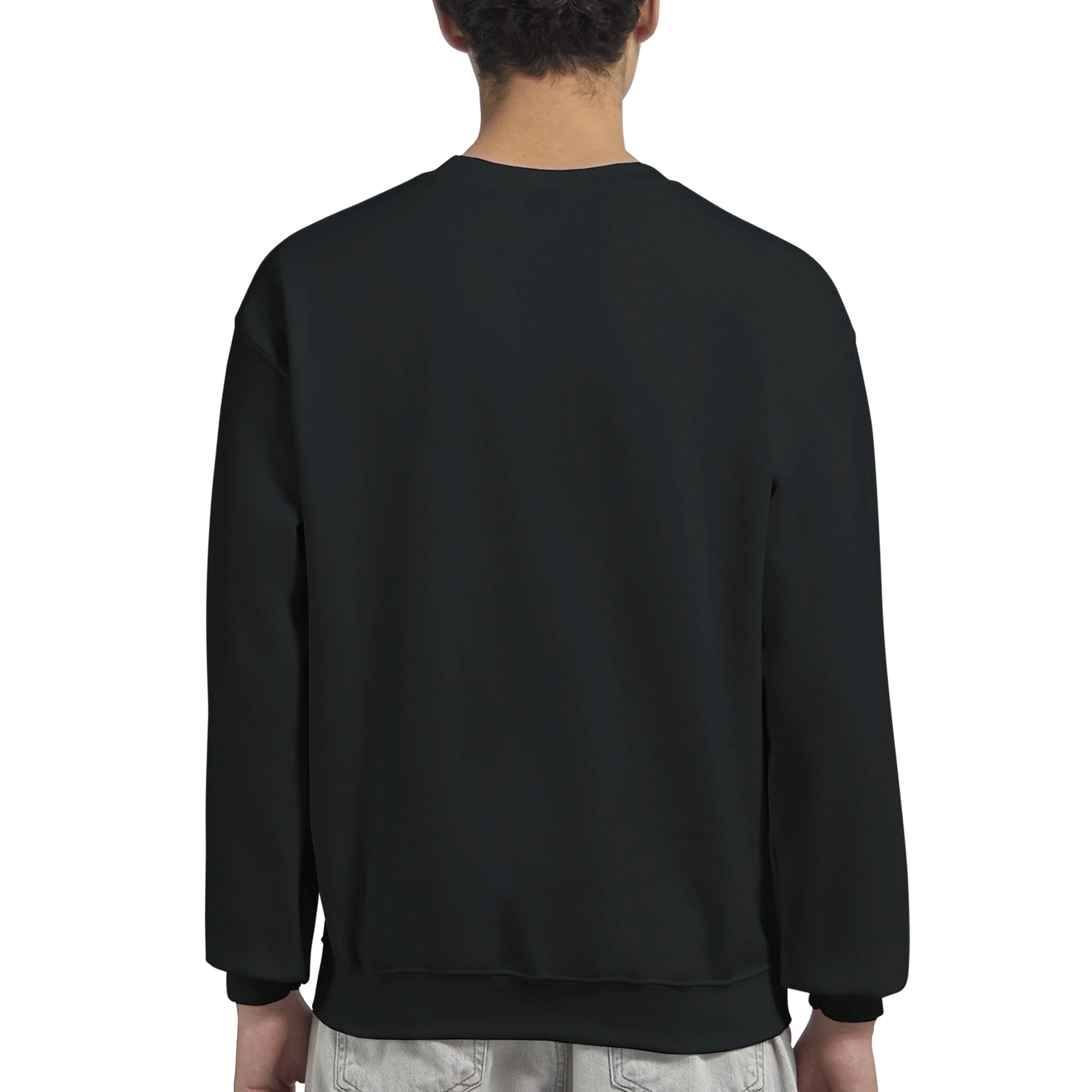 Black men's graphic sweatshirt worn by a person on a white background