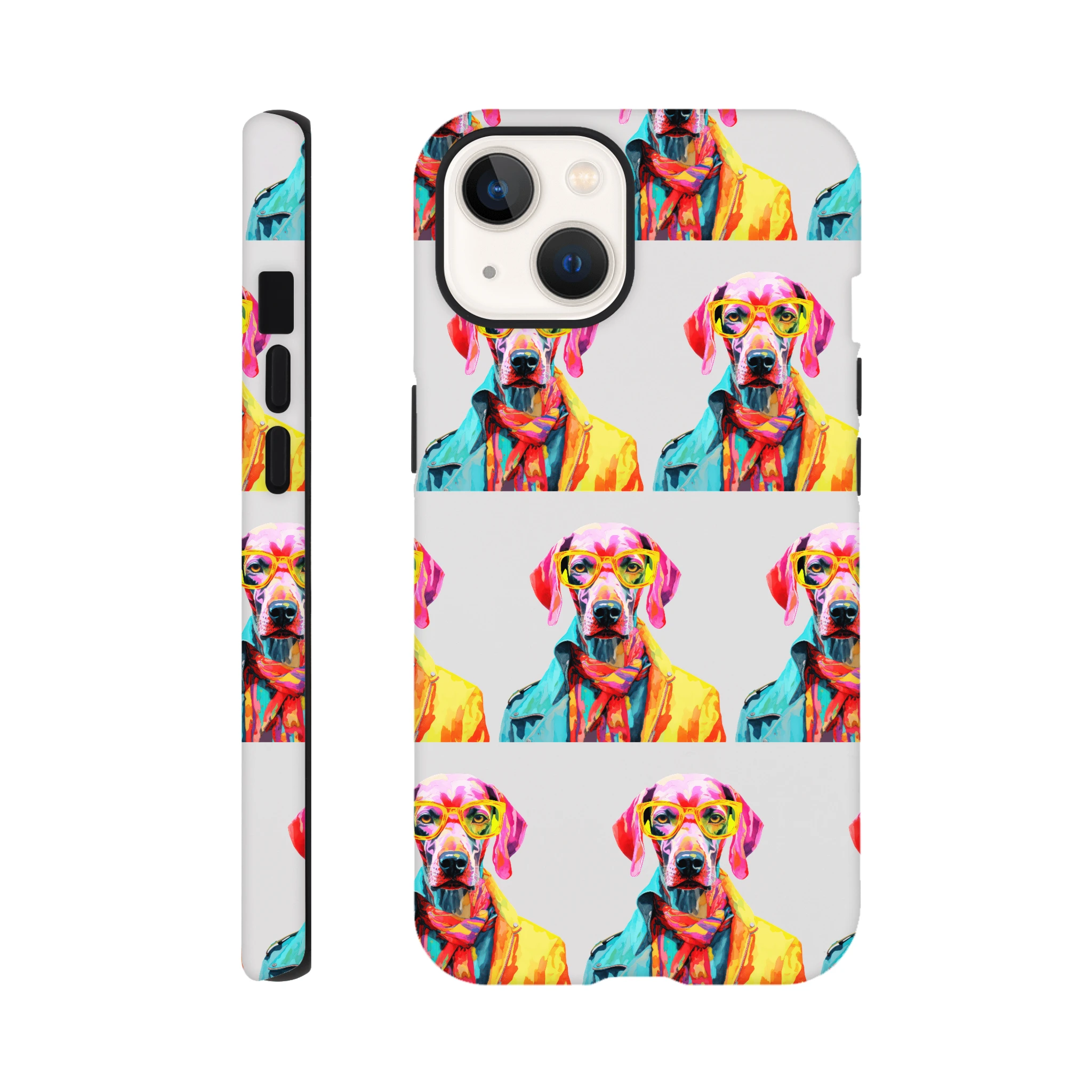 Colorful dog portrait with yellow sunglasses on a glossy, dual-layer iPhone case with wraparound back and sides.