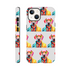 Colorful dog portrait with yellow sunglasses on a glossy, dual-layer iPhone case with wraparound back and sides.