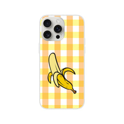Cute Banana Gingham iPhone Case for iPhone 13-16 in yellow gingham with a banana illustration.