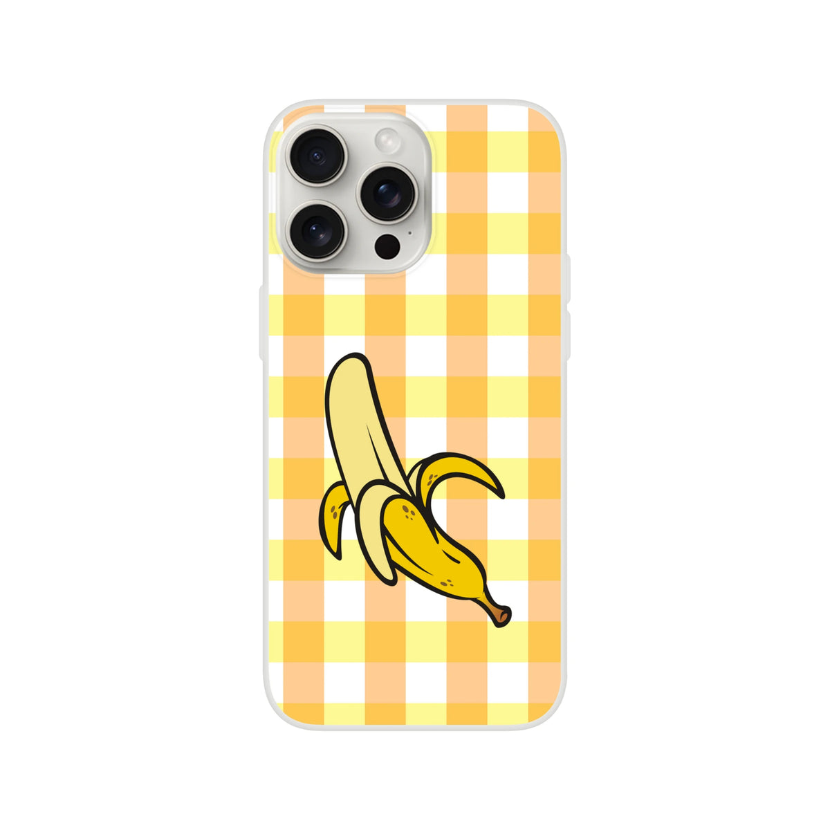 Cute Banana Gingham iPhone Case for iPhone 13-16 in yellow gingham with a banana illustration.