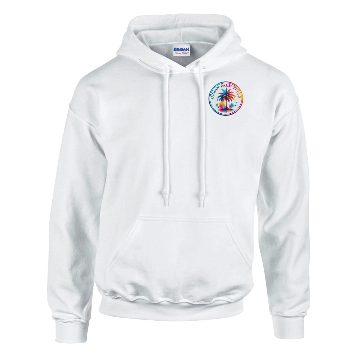 White pullover hoodie featuring a colorful circular Urban Palm Trees logo on the chest, with double-lined hood and front pouch pocket.