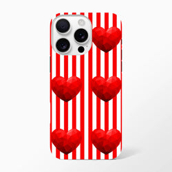 Red and white vertical striped iPhone case featuring bold red low-poly geometric hearts with tough retro protection.