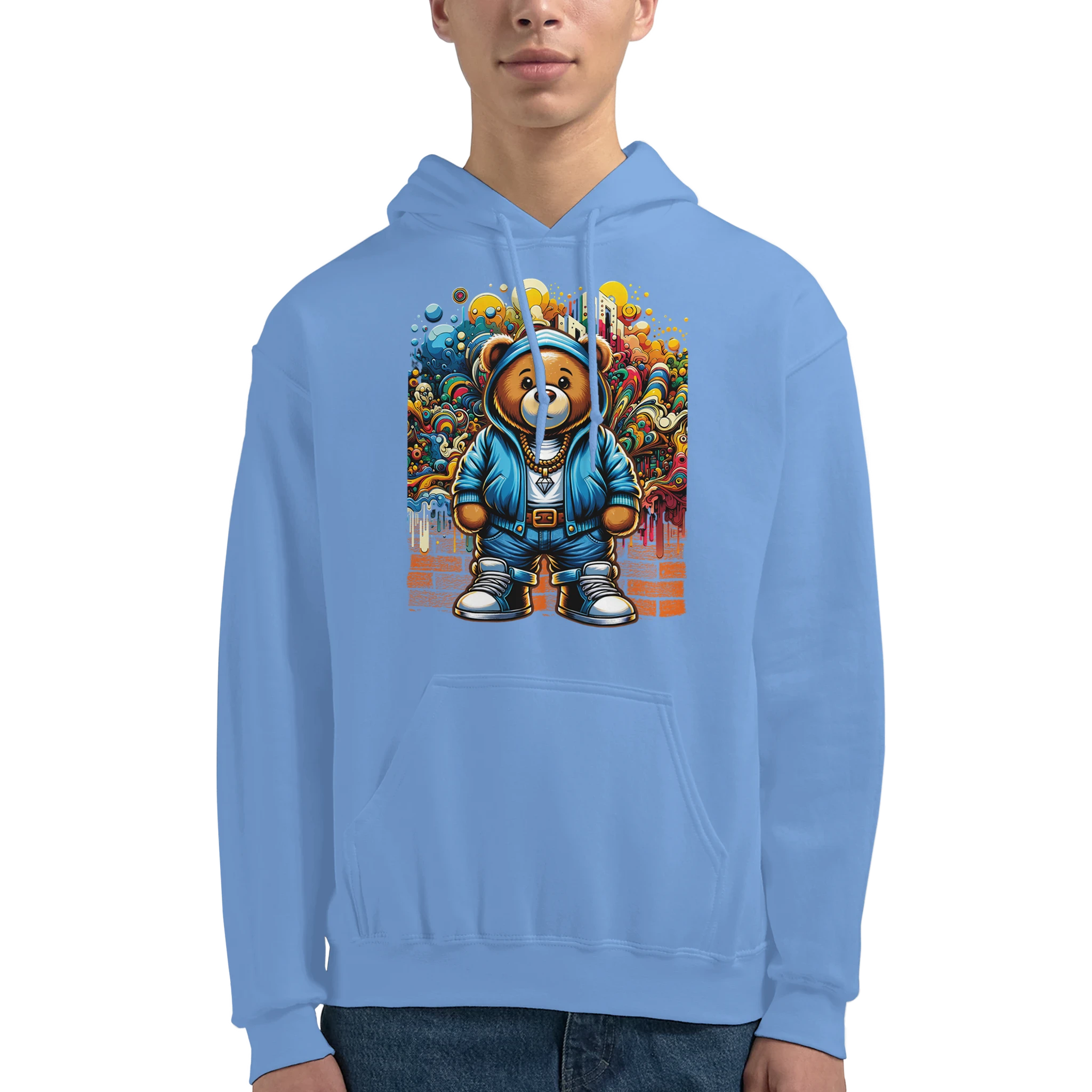 Men's Urban Teddy Bear Hoodie in light blue with a colorful streetwear graphic.