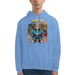 Men's Urban Teddy Bear Hoodie in light blue with a colorful streetwear graphic.
